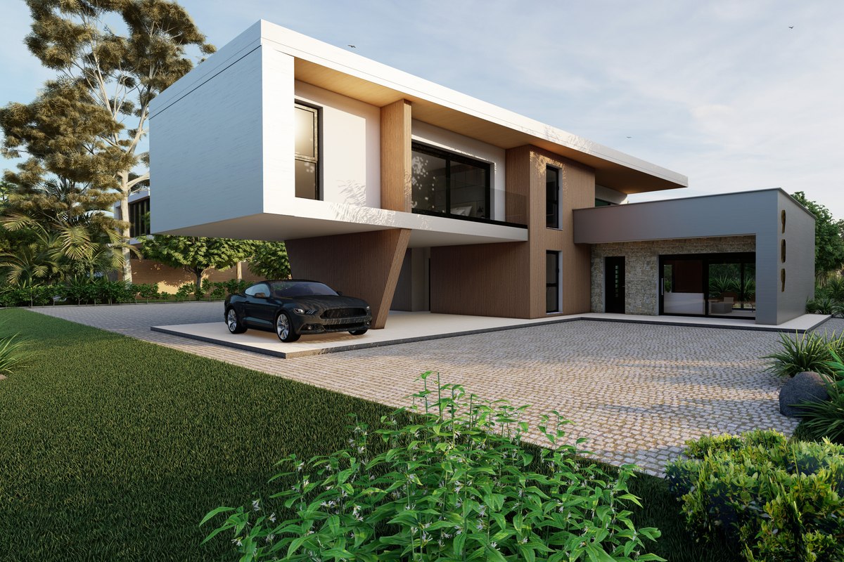 Visualisierung der Palladium Villa 909 mit auskragendem Obergeschoss, überdachtem Stellplatz und gepflastertem Vorplatz